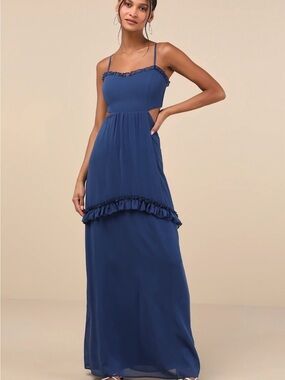 Lulus Blue Ruffle-Trim Spaghetti Strap Maxi Dress